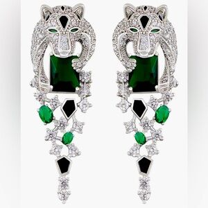 Gorgeous Dillards Emerald onyx Crystal Huge Panther dangle earrings